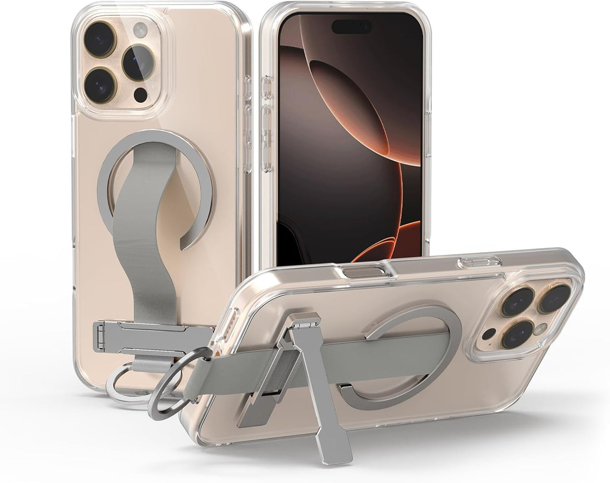 for iPhone 16 Pro Max Case 4-in-1 - Magnetic Clear Cover Adjustable Wrist Strap, Foldable Stand & Crossbody Lanyard, Anti-Yellowing Protective Case (for iPhone 16 Pro Max)