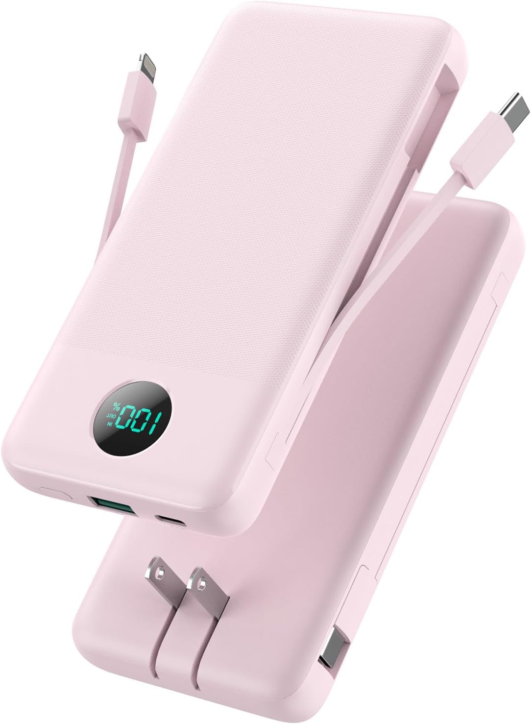 Portable Charger 13800mAh Slim USB C Power Bank with Built in Cables and Wall Plug,LCD Display Lightweight Travel Battery Pack,PD Fast Charging Compatible with iPhone 15,14,Samsung Android-Pink