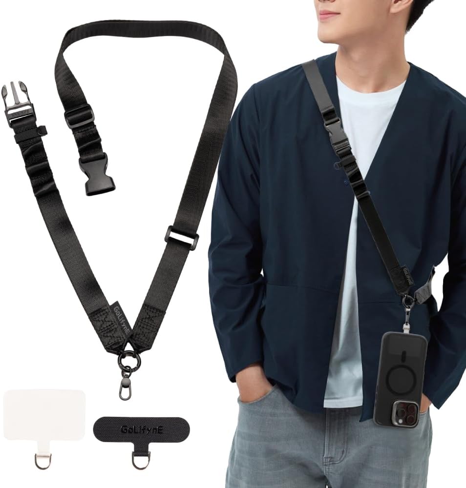 25mm Crossbody Phone Lanyard, Anti-Theft Crossbody Phone Strap for iPhone 16 Pro Max and Most Smartphones, Cell Phone Neck Lanyard w/ 2 Non-Adhesive Tether Tabs for Men and Women, Black