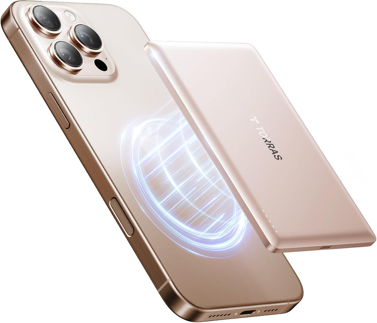 TORRAS MiniMag Power Bank, Ultra Slim 5,000mAh Wireless Portable Charger with USB-C Cable, Fast Charging Magnetic Battery Pack, Magsafe-Compatible Charger for iPhone 16/15/14/13/12, Desert Gold