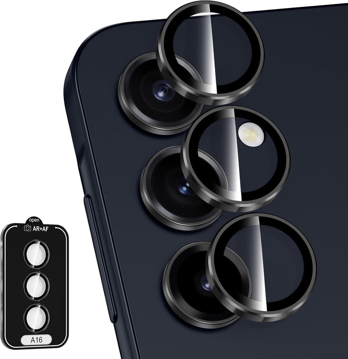 for Samsung Galaxy A16 Camera Lens Protector, Individual Metal Ring Tempered Glass Lens Cover, [Strong Adsorption] Scratch Resistant Ultra-Thin HD Clear Lens Cover, 1 Set-Black Ring