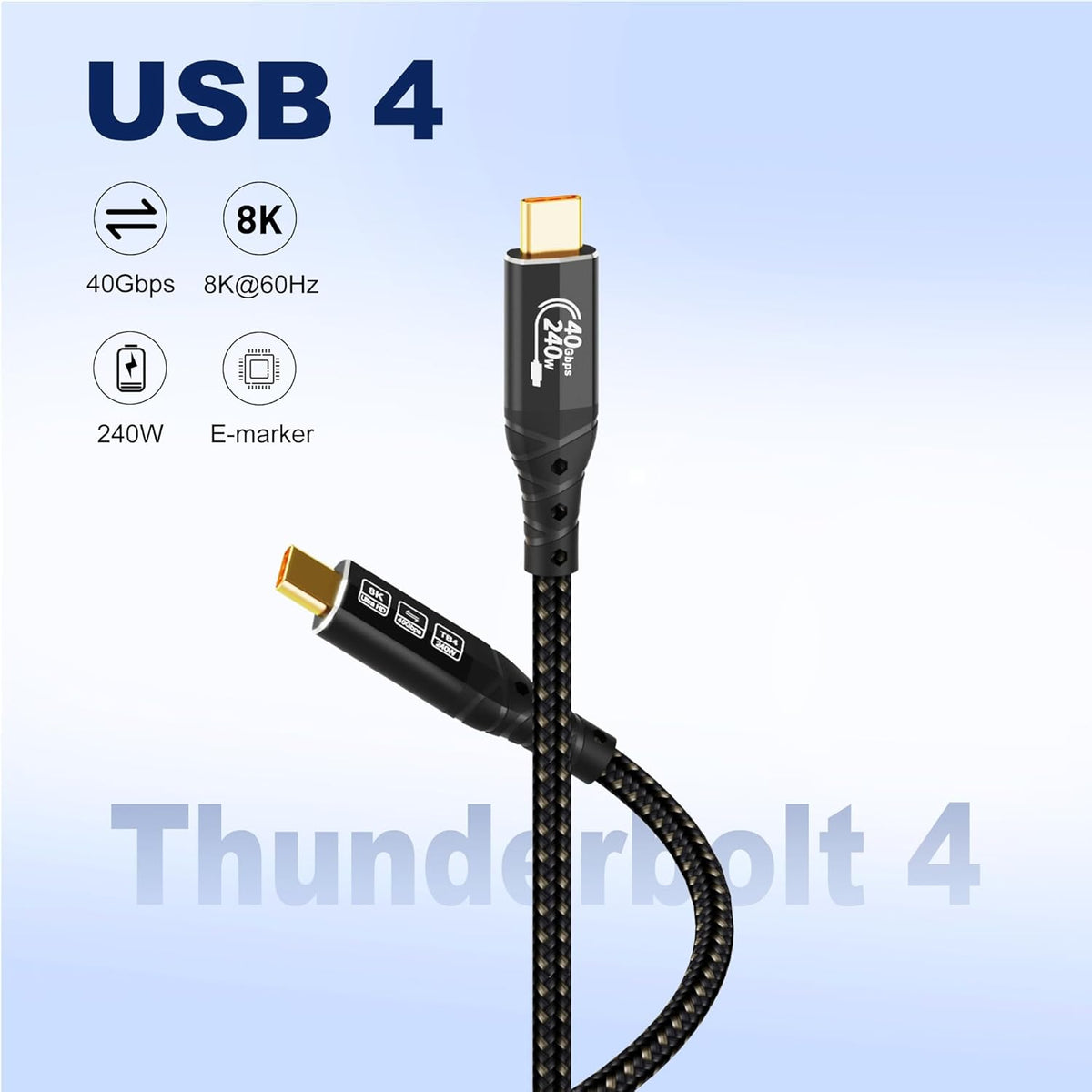 8K/4K 4 10FT/3m, 40Gbps 240W USB4 3, 16 ZIKNYDO for Thunderbolt Cable Data Transfer, Cable, USB C Monitor Cable