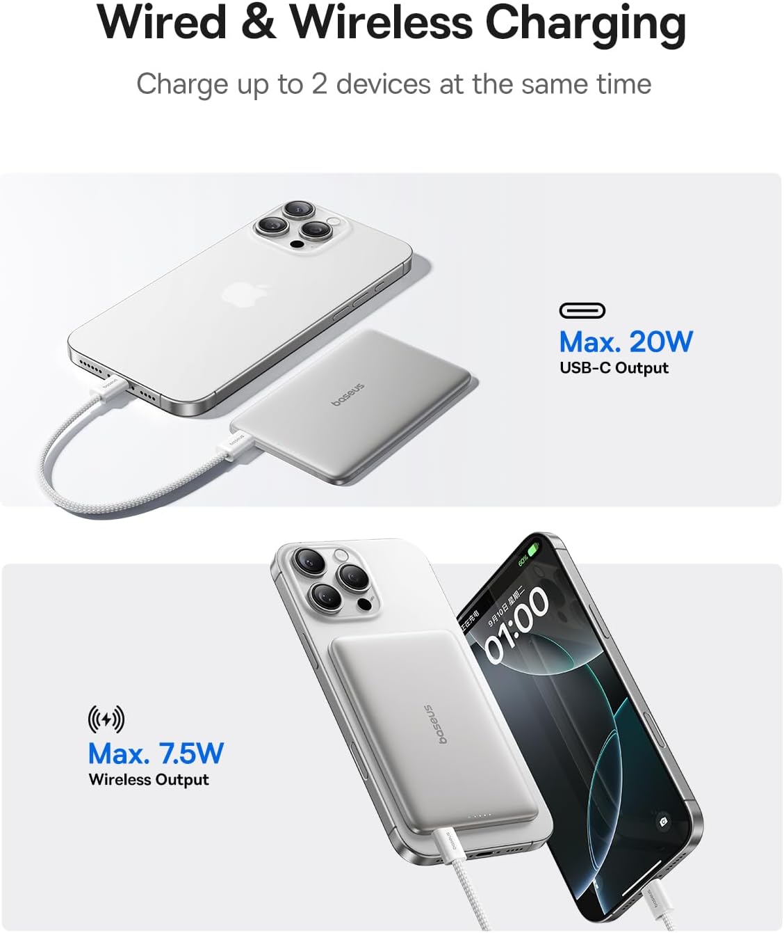 Baseus Picogo Power Bank, 0.3" Ultra Slim 5000mAh MagSafe Portable Charger with USB-C Braided Cable, Card-Size Magnetic Battery Pack, Alloy Wireless Fast Charger for iPhone 16/15/14/13/12, Lightweight