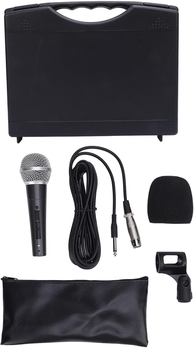 Wired Dynamic Microphone Cardioid Moving Coil Handheld Microphone Set with Shock Absorber for Active Speakers Mixers Amplifiers Low Latency Plug and Play Mic (Black)