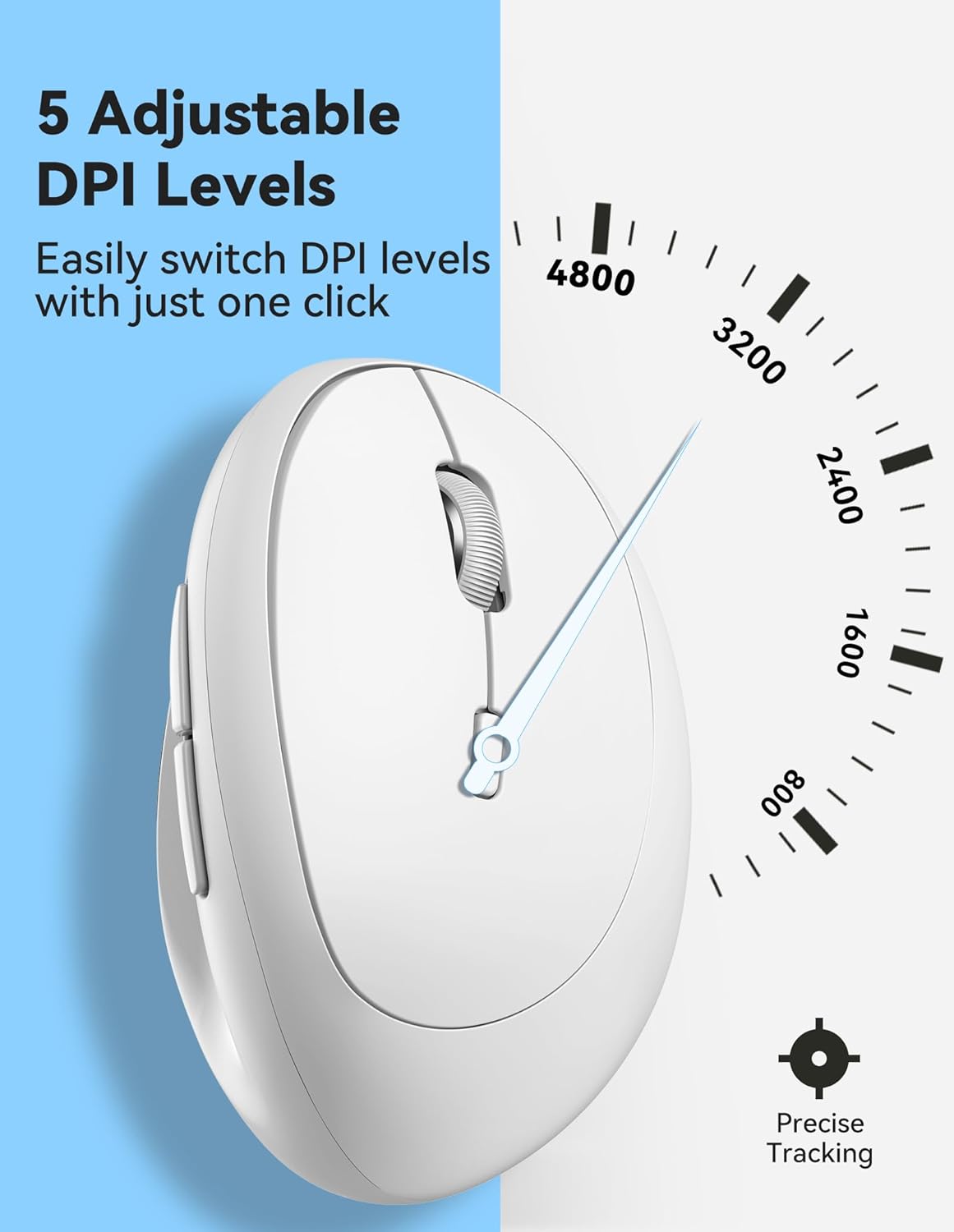 TECKNET Wireless Mouse, 5 Adjustable DPI Levels, 6 Buttons, 4800 DPI Wireless Vertical Mouse, 2.4G Silent Wireless Mouse for Laptop, PC, Chromebook, Mac - Light White