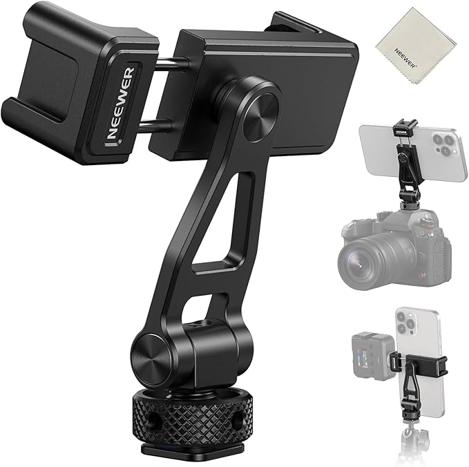 NEEWER Adjustable Phone Tripod Mount with Cold Shoe 1/4" Thread 180° Tilt 360° Rotation Cleaning Cloth Phone Clamp Holder Compatible with iPhone Samsung Android Camera Cage for Video Recording, GA010