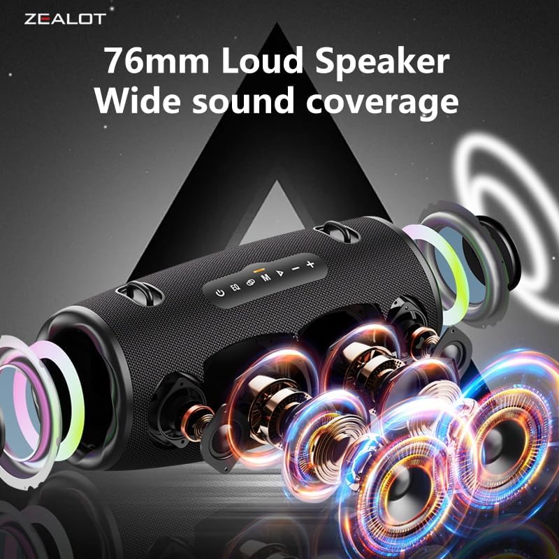 ZEALOT 80W Portable Bluetooth Speaker, Stereo Sound with Deep Bass,IPX6 Waterproof, LED Light,Bluetooth 5.2, Indoor/Outdoor Speaker for Party, Gathering, Pool, Camping,Travel (Black)