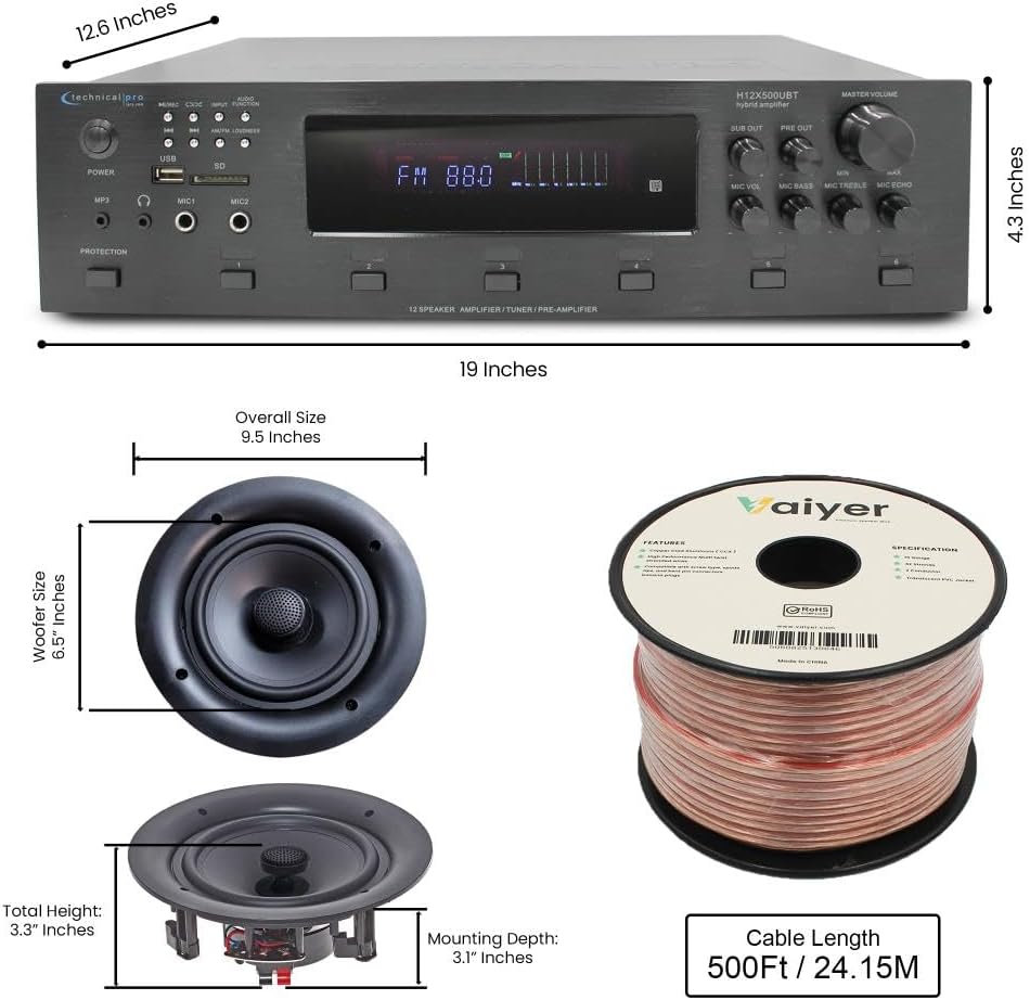 Vaiyer Home Audio System Kit, 6-Channel 6000 Watts Bluetooth Amplifier with 6.5" 10 Qty of 200 W Each Frameless in-Ceiling Speakers & 16 AWG 500 ft Speaker Wire - Perfect for Home, Office, Restaurant