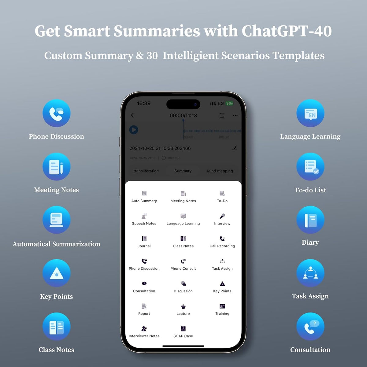 AI Voice Recorder - Voice Recorder w/No Fee for Transcribe & AI Summarize by ChatGPT, APP & Web Control, 121 Languages, 64GB Memory, Wireless Charging,Digital Voice Recorder for Meetings/Calls Silver
