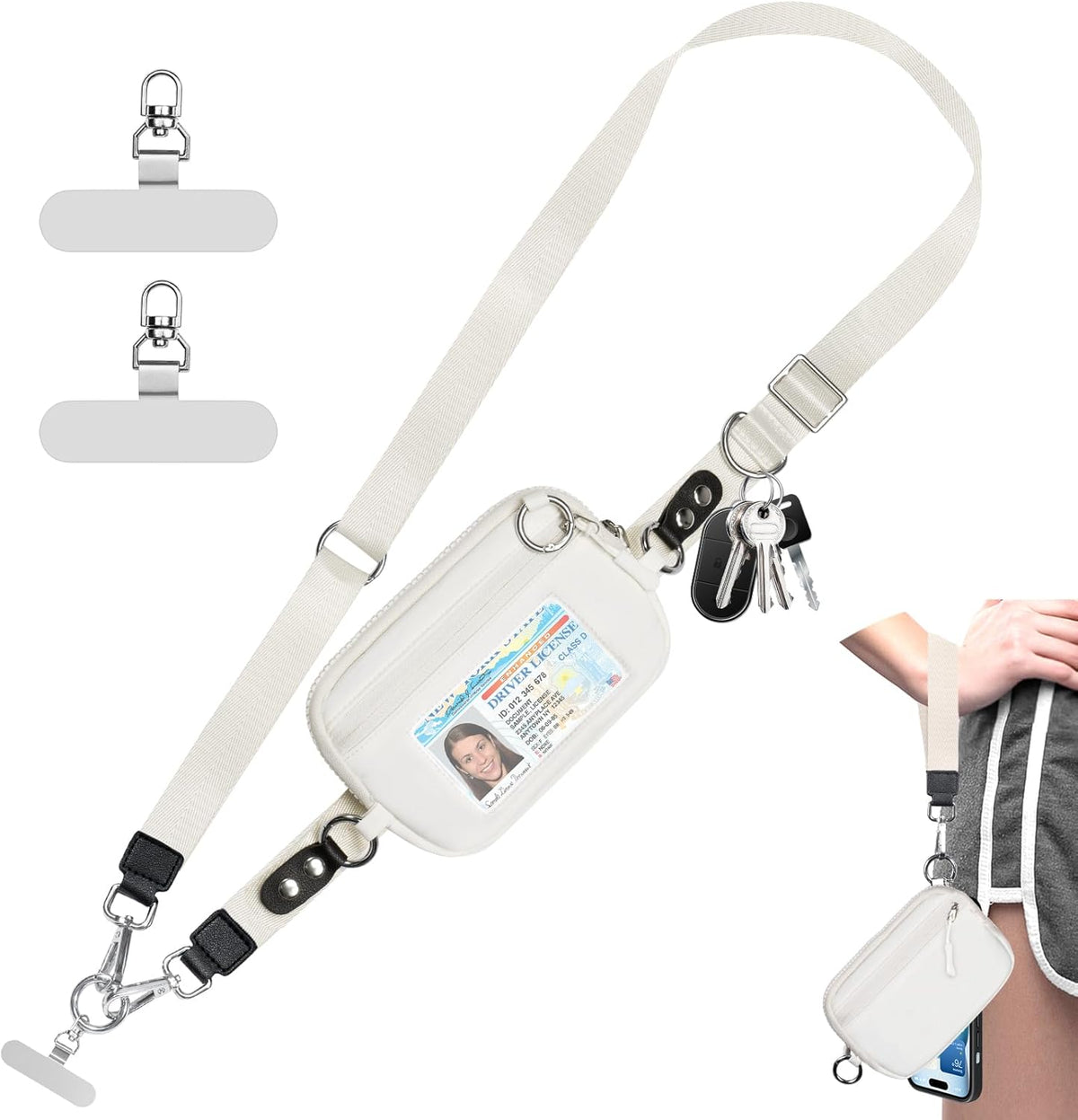 Clip and Go Strap for Phone with Wallet Crossbody Phone Lanyard Adjustable and Detachable RFID Wristlet Wallet with ID Window and Zipper, Cream