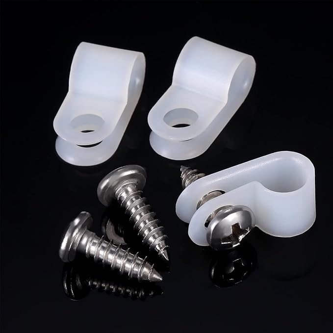 Hicarer 50 Pack R-Type Cable Clip Wire Clamp, Nylon Screw Mounting Cord Fastener Clips with 50 Pack Screws for Wire Management (White,1/2 Inch)