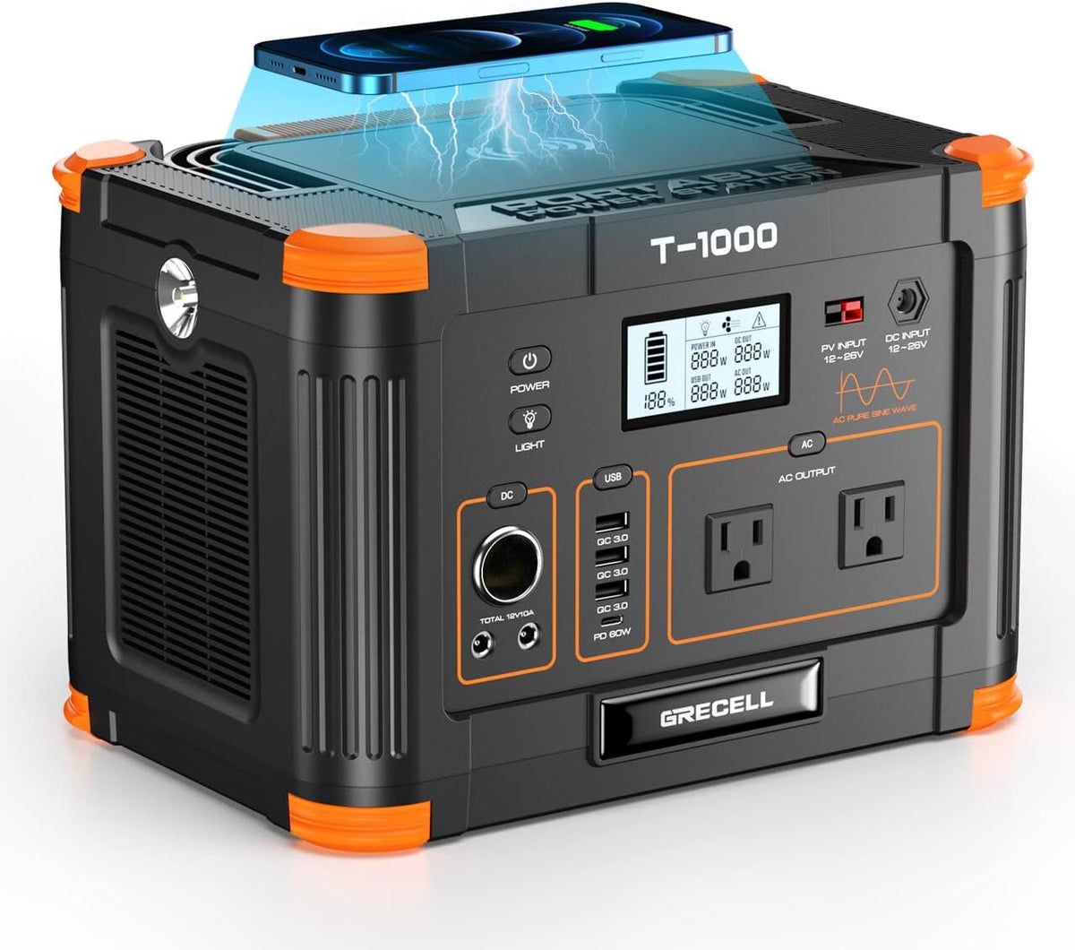 Portable Power Station 1000W (Peak 2000W), GRECELL 999Wh Solar Generator with 60W USB-C PD Output, 110V Pure Sine Wave AC Outlet Backup Lithium Battery for Outdoors Camping Travel Hunting Home