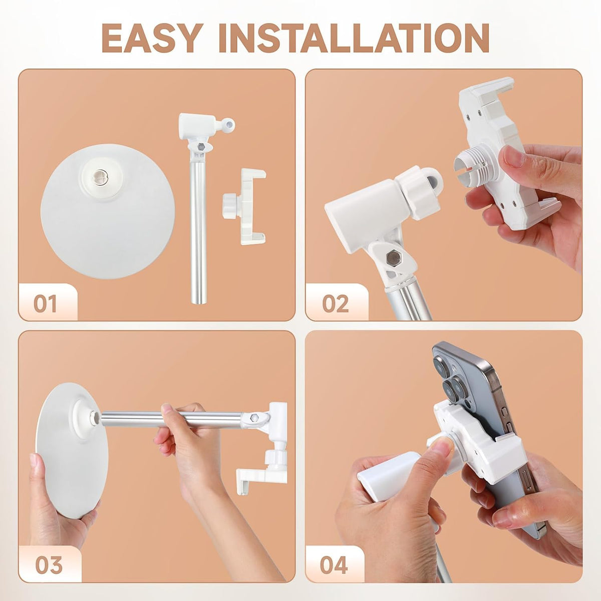 Adjustable Phone Stand for Desk with Clip Mount Live Streaming: 360° Rotatable Overhead Shot Holder with Sturdy Metal Base, Compatible with TikTok, YouTube, Zoom Video Recording (White)