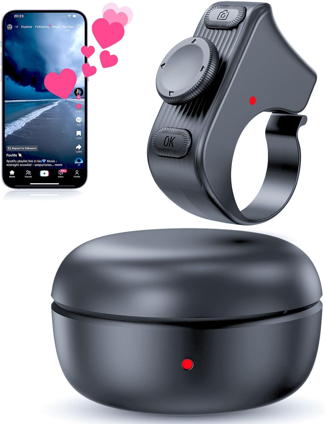 TikTok Scrolling Ring Remote Control, Camera Shutter Remote, Wireless Bluetooth Scrolling Ring for iPhone, iPad, iOS, Android - Graphite Black