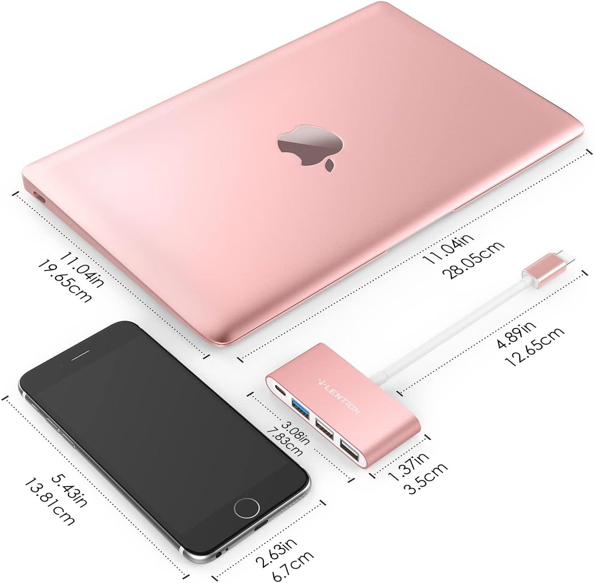 LENTION 4-in-1 USB-C Hub with Type C, USB 3.0, USB 2.0 for 2024-2016 MacBook Pro (M1-M4), iPhone 16-15 New Mac Air/Surface, ChromeBook, More, Multiport Charging & Connecting Adapter (C13, Rose Gold)