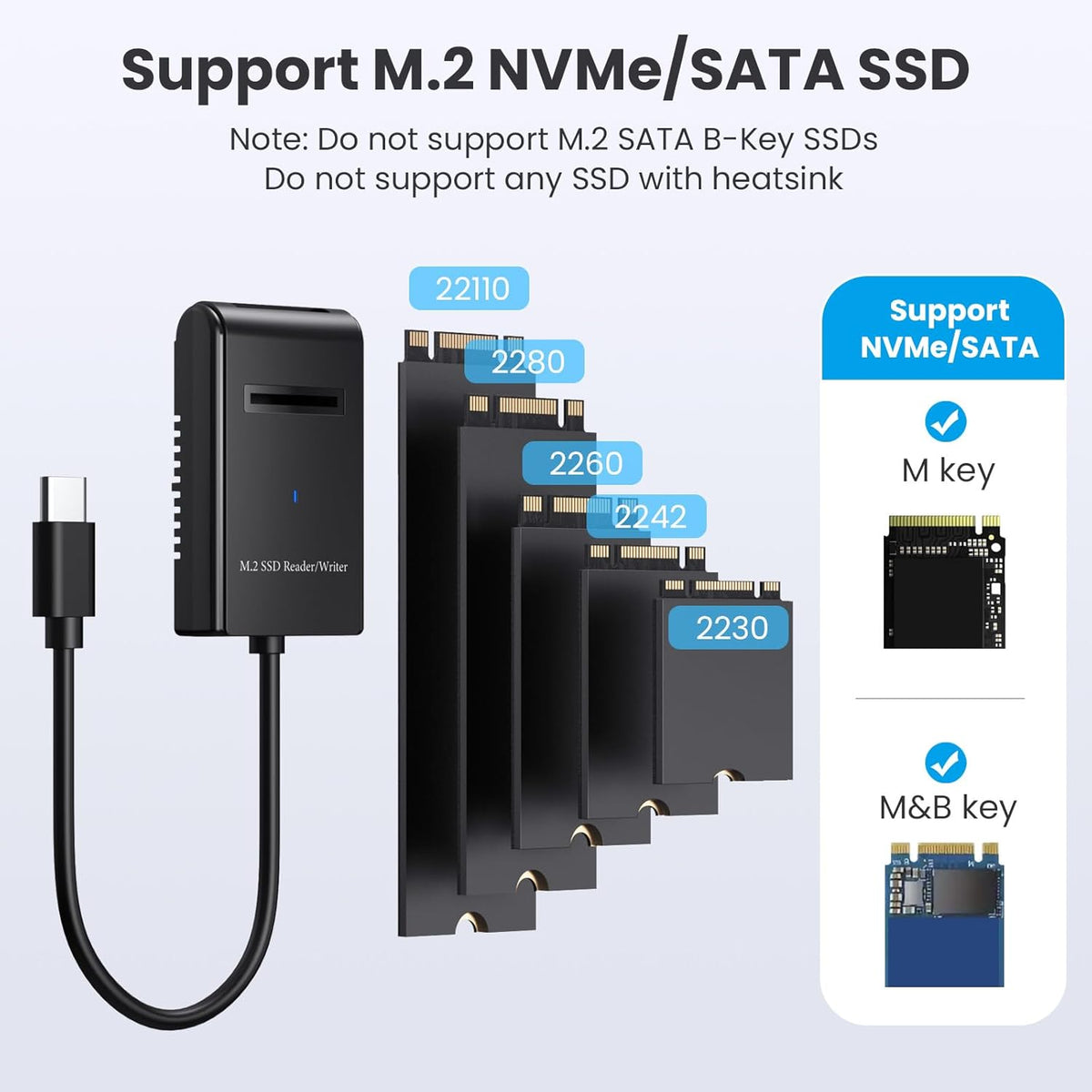 M.2 NVMe&SATA Reader,M.2 SSD to USB C Reader Adapter for (M Key, B+M Key) NVMe and SATA NGFF SSD Drives Dock Full Size 22110/2280/2260/2242/ 2230,Tool Free M.2 Drive Docking Station-Plastic