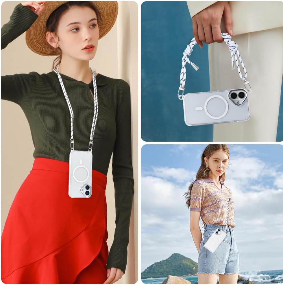 for iPhone 16 Case with 62.99 inch Lanyard, Classic Clear&White Magnetic Phone Case, Drop&Shockproof Protection Cases, Phone Lanyard for Around The Neck, Compatible with Magnet Accessory