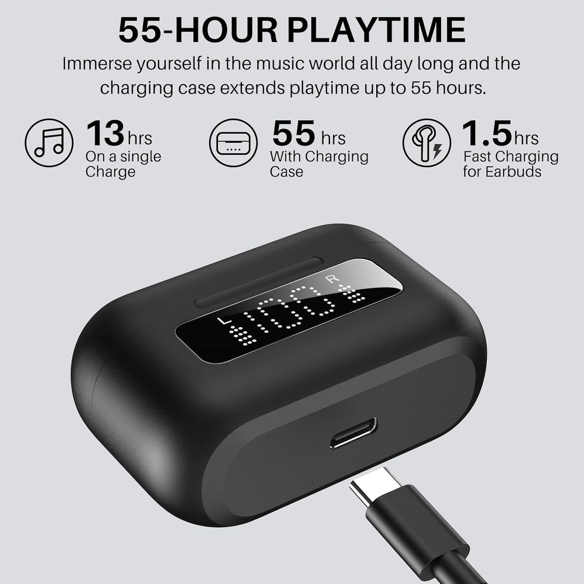 TOZO Hybrid Active Noise Cancelling Wireless Earbuds with 6 Mics AI Clear Call Ear Buds 55H Playtime with LED Display 32 Preset EQs via APP Bluetooth 5.3 IPX8 Waterproof in Ear Headphones