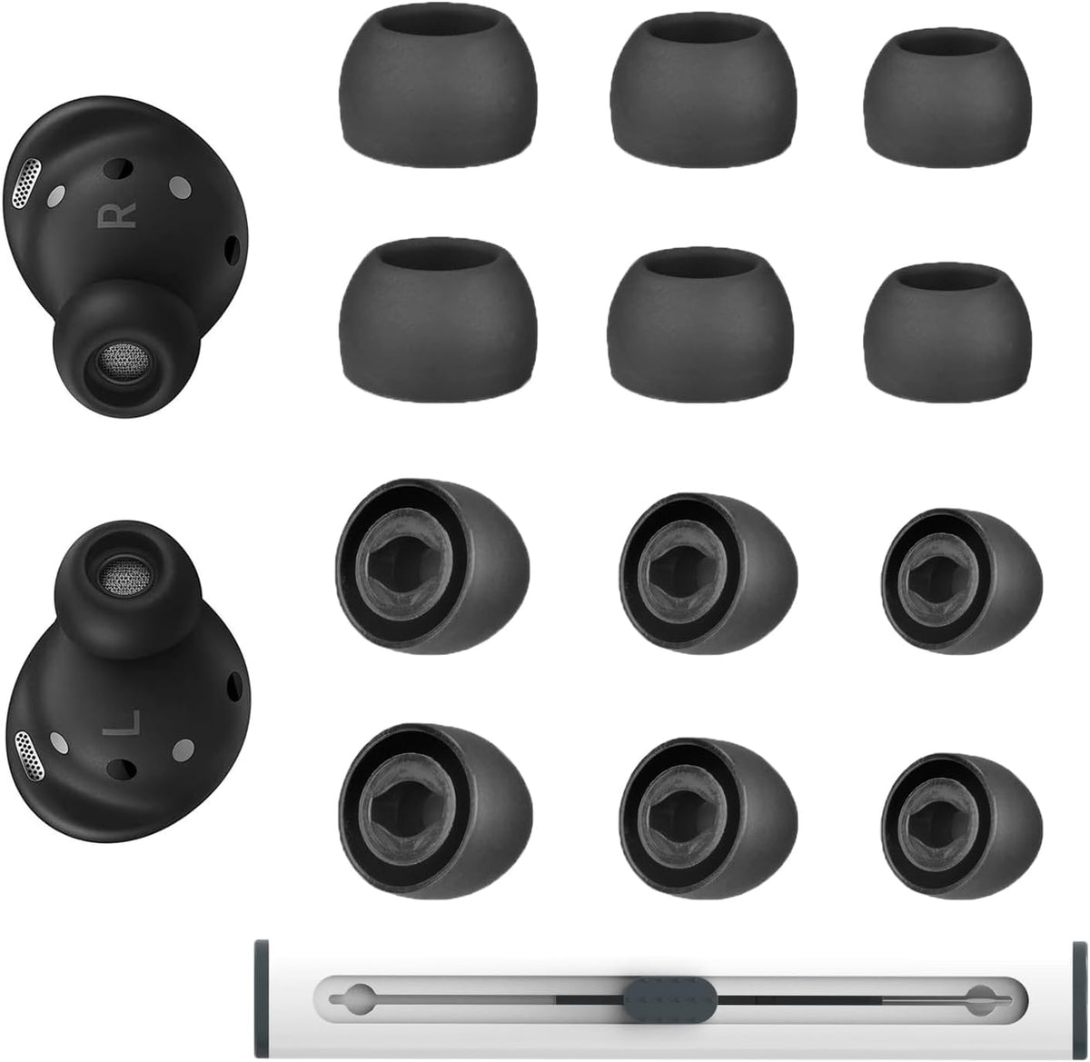 6 Pairs Replacement Eartips for Samsung Galaxy Buds Pro Headphones, Silicone Tips Earbuds Eartips Set, L/M/S Earplug Replacement Accessories (Black, with Pen)