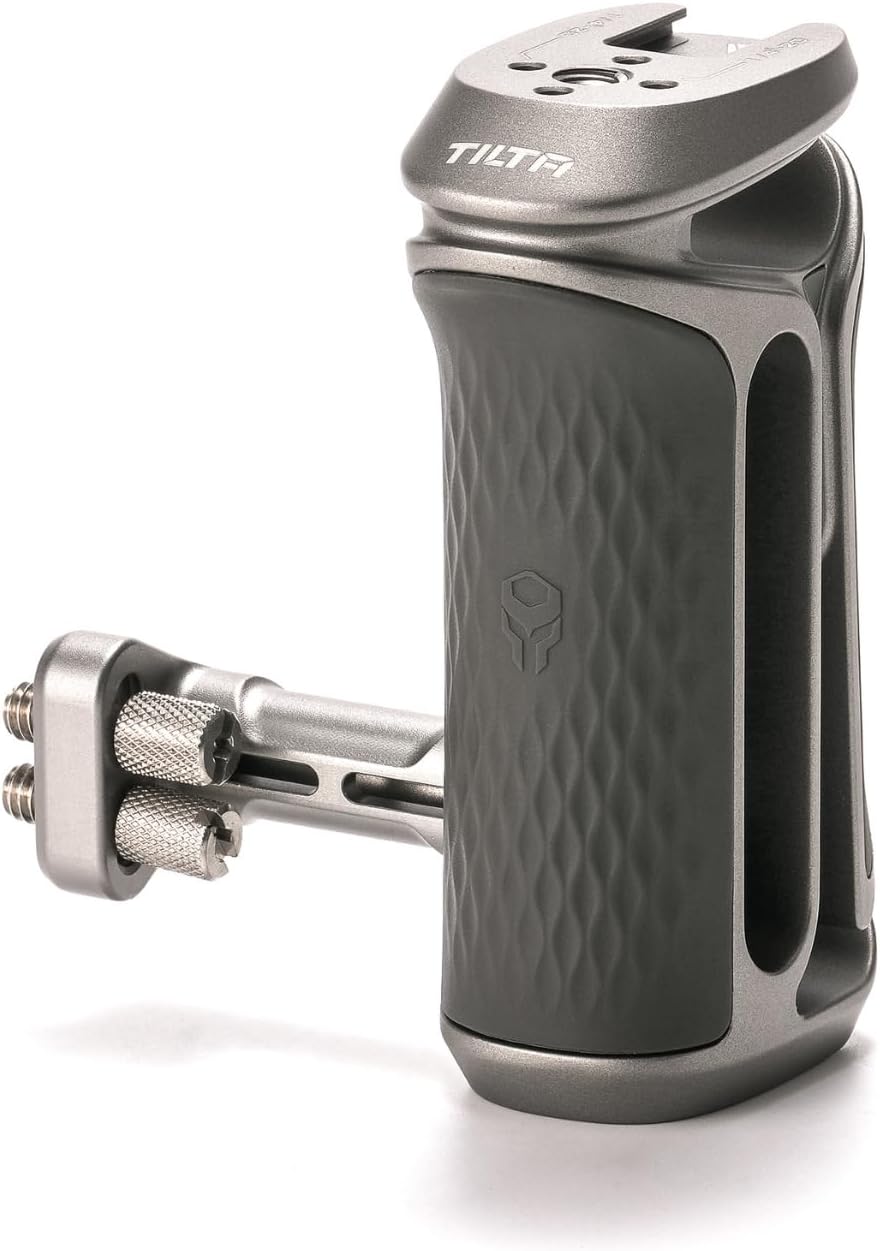 Tilta Xeno Side Handle for Filmmakers & Cameras - Titanium Gray | Secure Connection & Helps Prevent Rotation | Adjustable Height | Textured Silicone Grip | Convenient Assembly (Dual 1/4″-20)