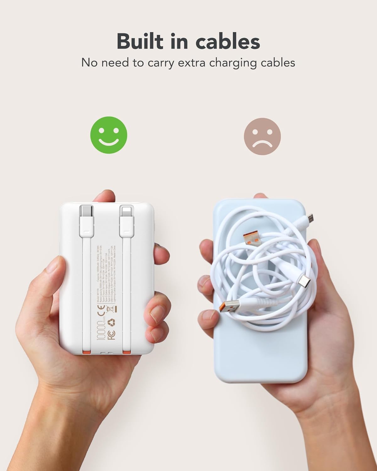 Mini Portable Charger with Built-in Cables 22.5W Fast Charging Power Bank USB-C Small Battery Pack 10000mAh Travel Essential Slim Battery for iPhone 16/15/14, Samsung 25/24, and More