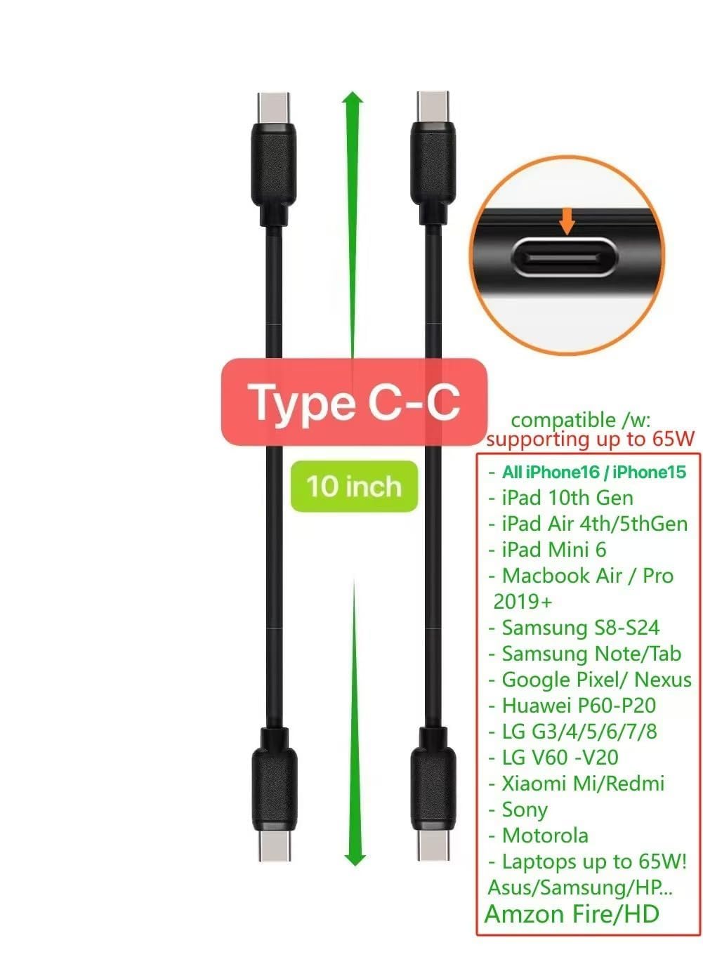 10-Pack Multi Short USB Cables & TypeC-C Cables for Charging Stations Compatible/w iPhone16 &15, iPhone5-14/ iPads/iPad mini/iPad Pros/Samsung Moblies & Tablets/Pixel & Nexus/HTC/Sony(Black)