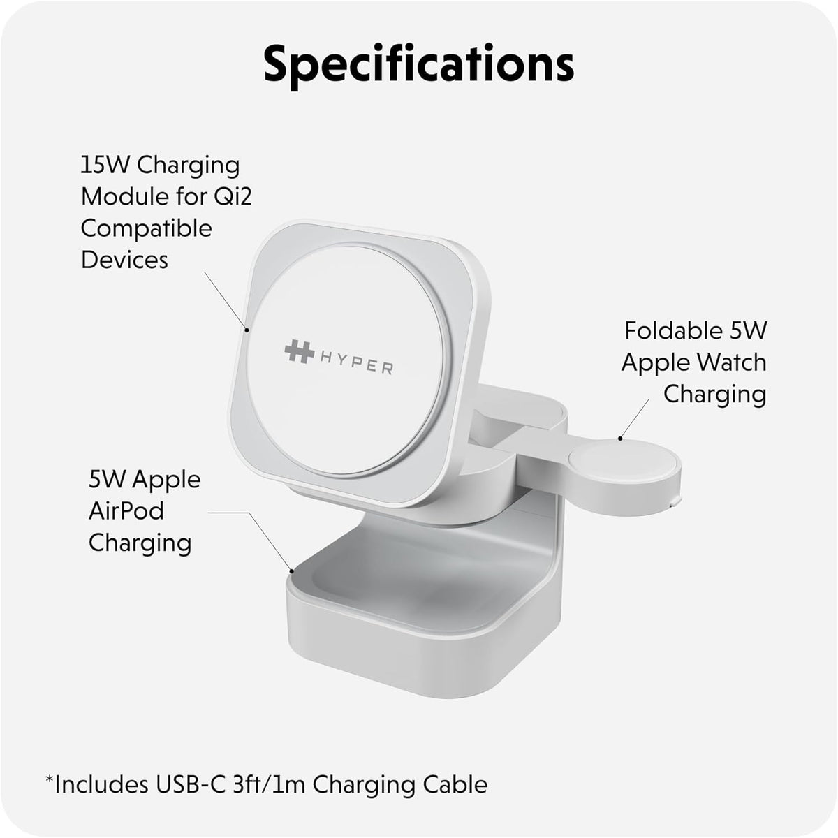 HyperJuice 3-in-1 Wireless Charger Qi2 Magnetic Stand — Fast Charger for iPhone, Apple Watch, Airpods, & Qi Compatible Devices — Compact and Adjustable 3 in 1 Design
