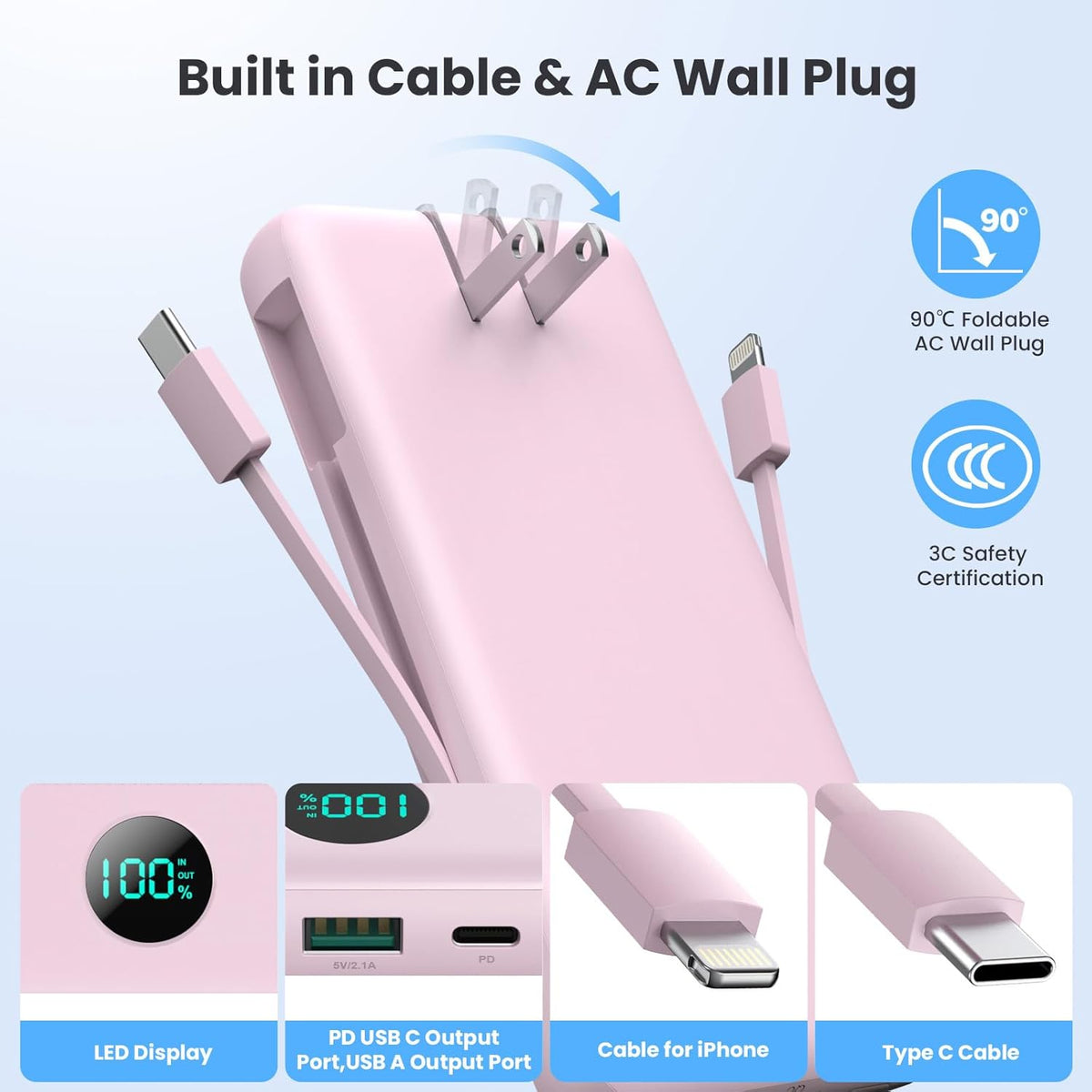 Portable Charger 33800mAh USB C Power Bank with Built-in Cables & AC Wall Plug,25W Fast Charging+QC 4.0 Phone Charger,4 Output LCD Display Battery Pack Compatible with iPhone16/15,Samsung,Android etc