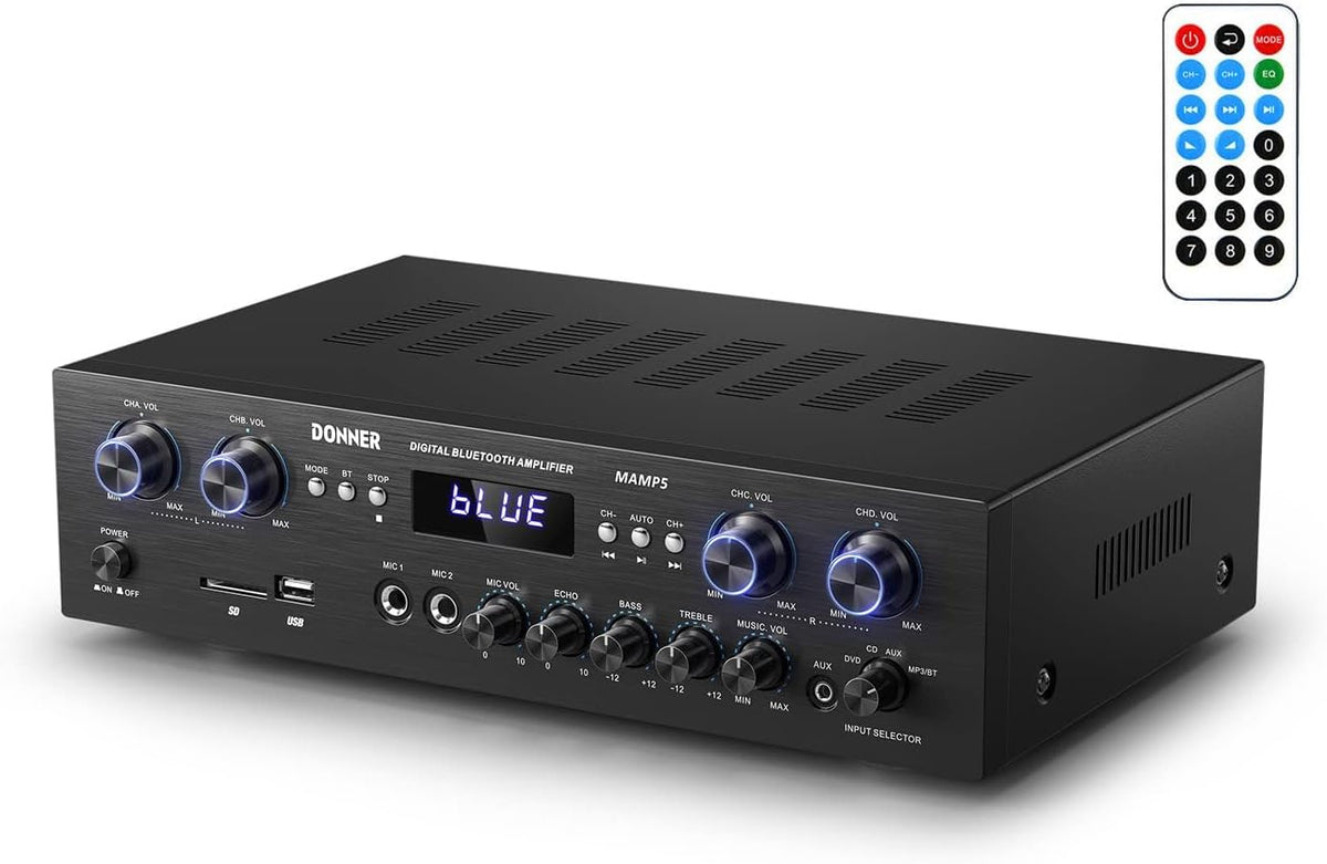 Donner Bluetooth 5.0 Stereo Audio Amplifier Receiver, 4 Channel 440W Peak Power Home Theater Stereo Receiver with USB, SD, FM, 2 Mic in Echo, RCA, LED, Speaker Selector for Studio, Home - MAMP5