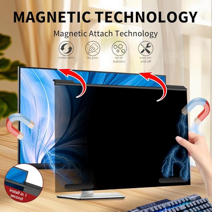 Hoktods Magnetic Hanging Computer Privacy Screen Filter for 20 Inch, Removable Aluminum Alloy Privacy Shield for 16:9 Widescreen Monitor, Eye Protection Blue Light Filter
