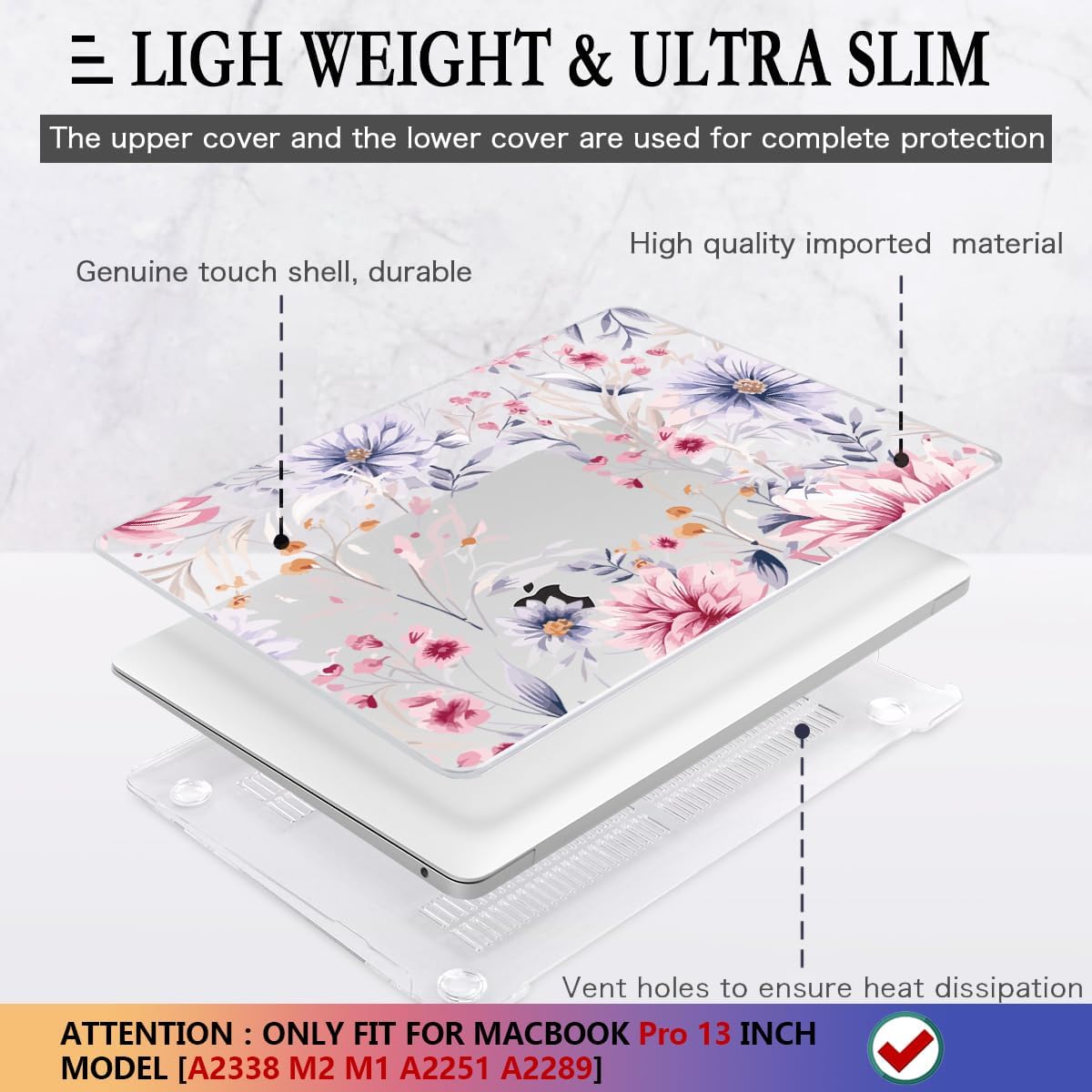 CISSOOK Flower Case for MacBook Pro 13 Inch M2 A2338 M1 A2251 A2289 Model 2025-2020 Released, Plastic Floral Cover with Keyboard Cover Protector for MacBook Pro 13 with Touch bar, Flowers Watercolor