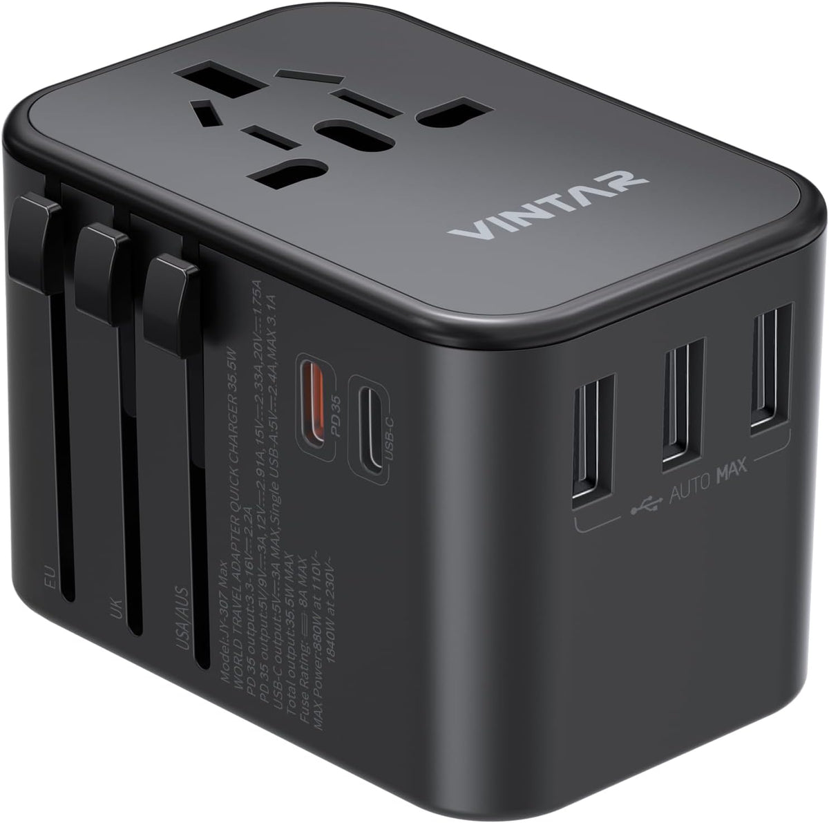Universal Travel Adapter, VINTAR 35.5W International Power Adapter with 3 USB A QC and 2 USB C PD, All in One Plug Adapter Worldwide Travel Essentials for EU/UK/USA/AUS(Type C/G/A/I), Black