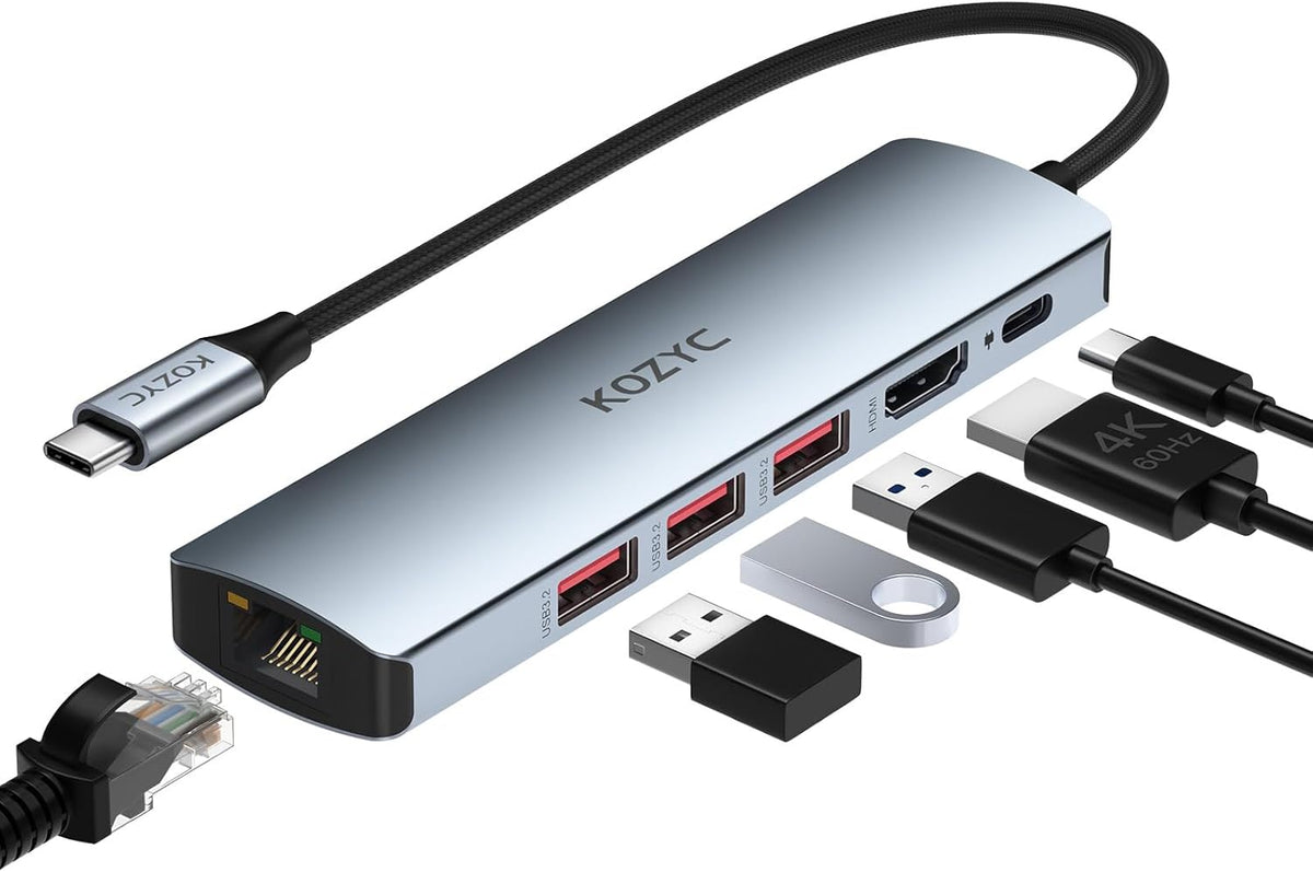 USB C Hub Ethernet, KOZYC 6-in-1 USB C Hub with 10Gbps, HDMI 4K 60Hz, 1Gbps Ethernet, 3xUSB-A 3.2, 100W PD Compatible with MacBook Air/Pro, XPS13/15, Dell