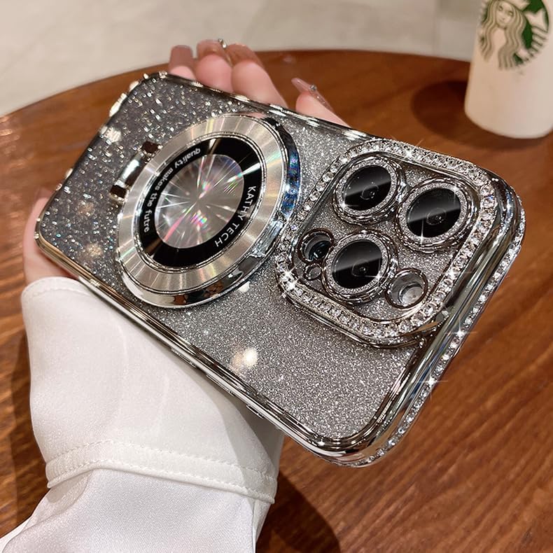 Magnetic Kickstand (Glitter Lens Protector ) Case for iPhone 15 14 13 12 Pro Max (Compatible with Magsafe ) Sparkling Diamond Cover Glitter Shiny Rhinestone Cases (Silver,for iPhone 14 Pro)