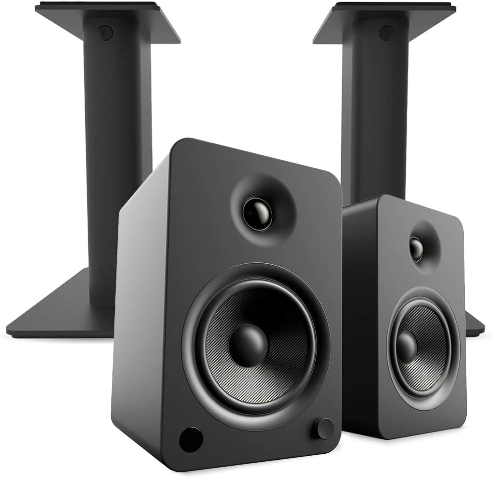 Kanto YU6 Powered Bookshelf Speakers with Bluetooth (Matte Black) with SP9 Desktop Stands (Black)