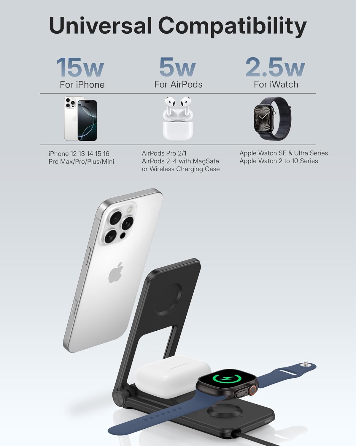 3 in 1 Charging Station for Apple Devices, Magnetic Wireless Charger Stand, 15W Foldable Travel Charging Dock for iPhone 16e 16 15 14 13 12 Pro Max Plus & Apple Watch & AirPods 4 3 2 Pro, Black