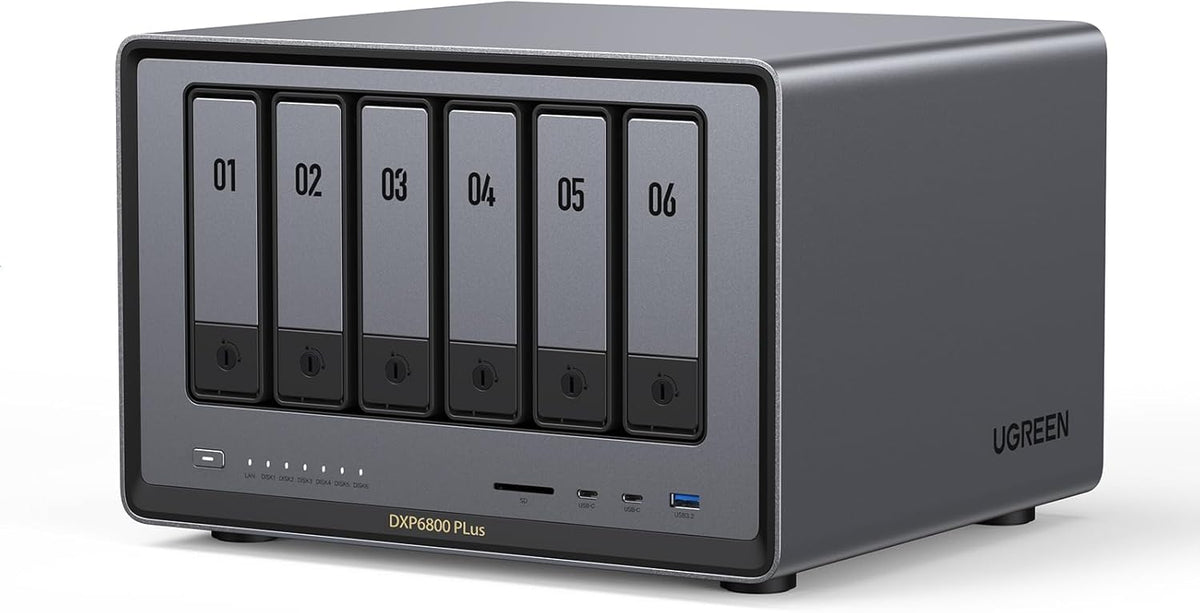 UGREEN NASync DXP6800 Plus 6-Bay Desktop NAS, Intel i3 1215u 6-Core CPU, 8GB DDR5 RAM, 128G SSD, 1X 10GbE and 1X 2.5GbE LAN Port, 2X M.2 NVMe Slots, 4K HDMI, Network Attached Storage (Diskless)