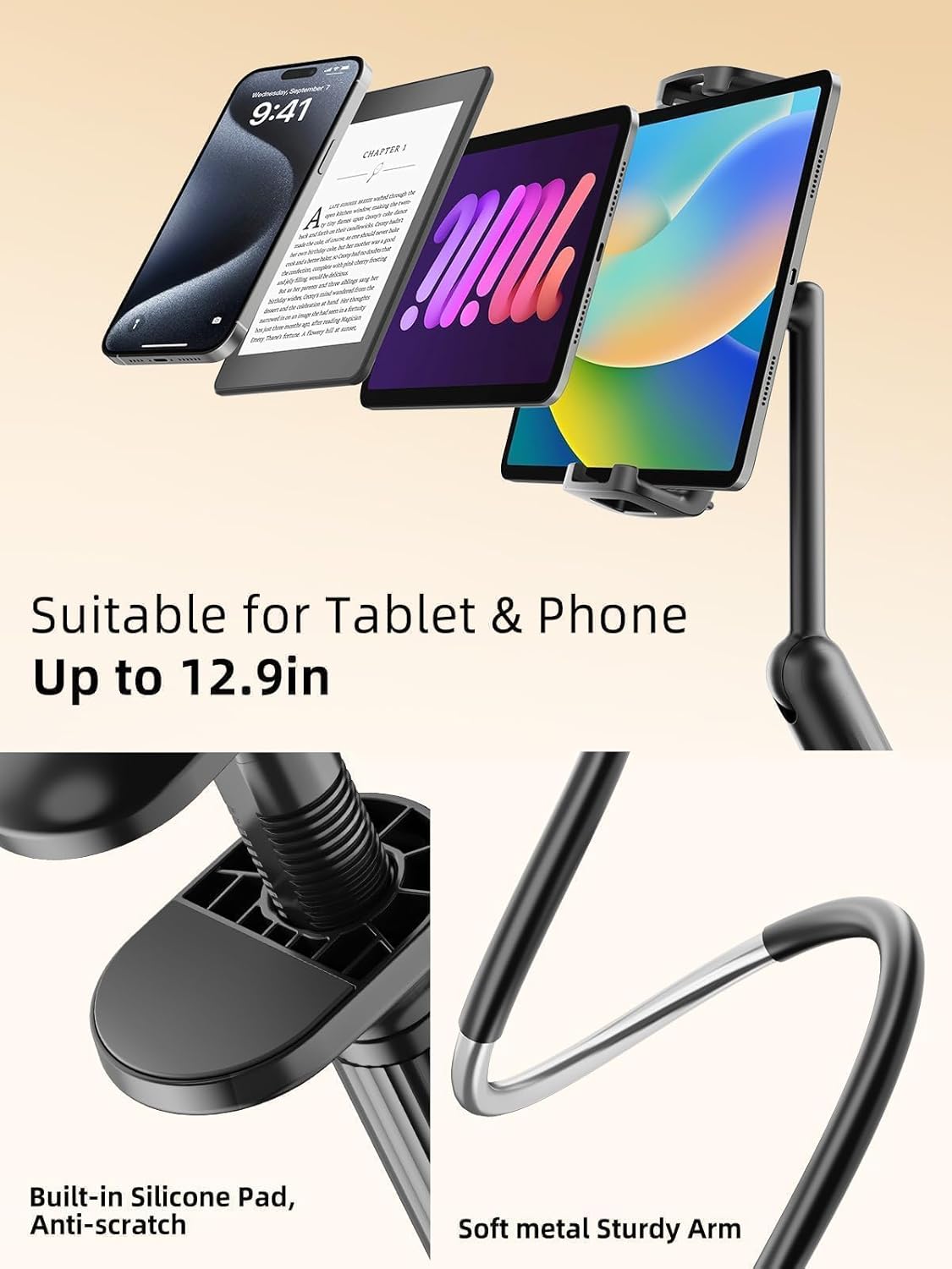 SAIJI 47" Gooseneck Kindle Holder, Tablet Holder for Bed with Upgraded Base, iPad Stand with Flexible Lazy Arm, Compatible with iPad/iPhone/Kindle/Switch or Other 4.7-13" Device (Black)