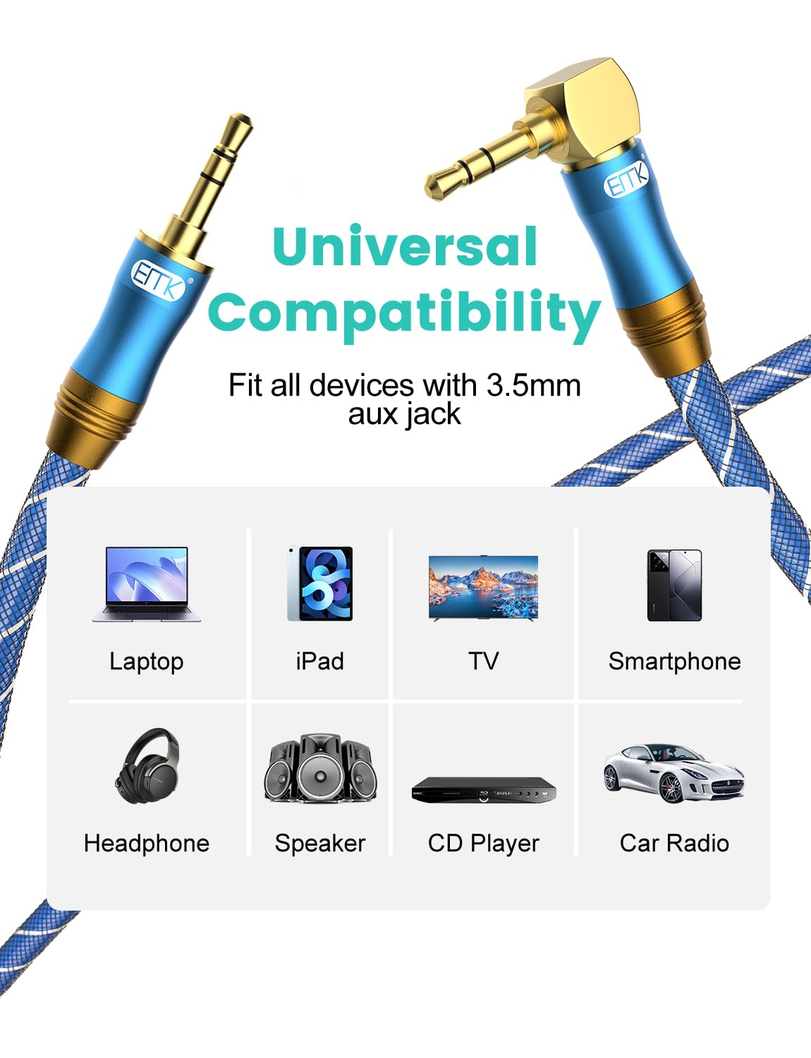 90 [24K MP3 More(16.5FT/5M) EMK Degree Right Angle Aux Cable - Gold-Plated,Sound Quality] Audio Stereo Male to Male