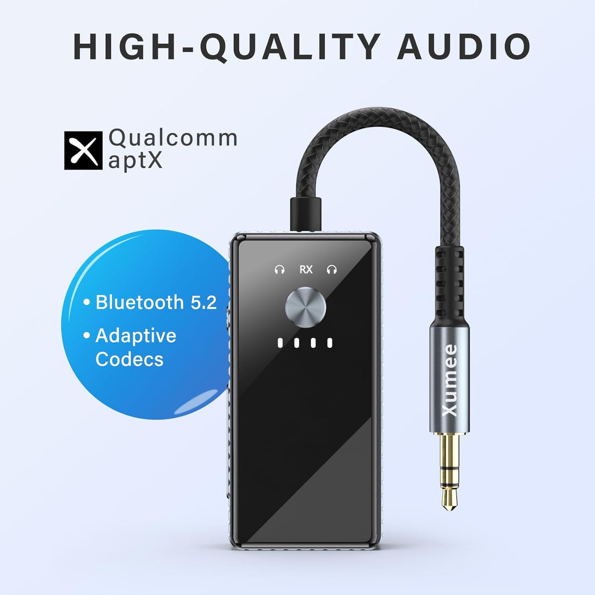 Xumee Airplane Bluetooth 5.2 Transmitter for 2 AirPods or Headphones, aptX Low Latency, 3.5mm AUX Jack & Bluetooth Receiver – Wireless Audio Adapter for Plane Travel, TV, Gym,Car,Speakers (Grey)