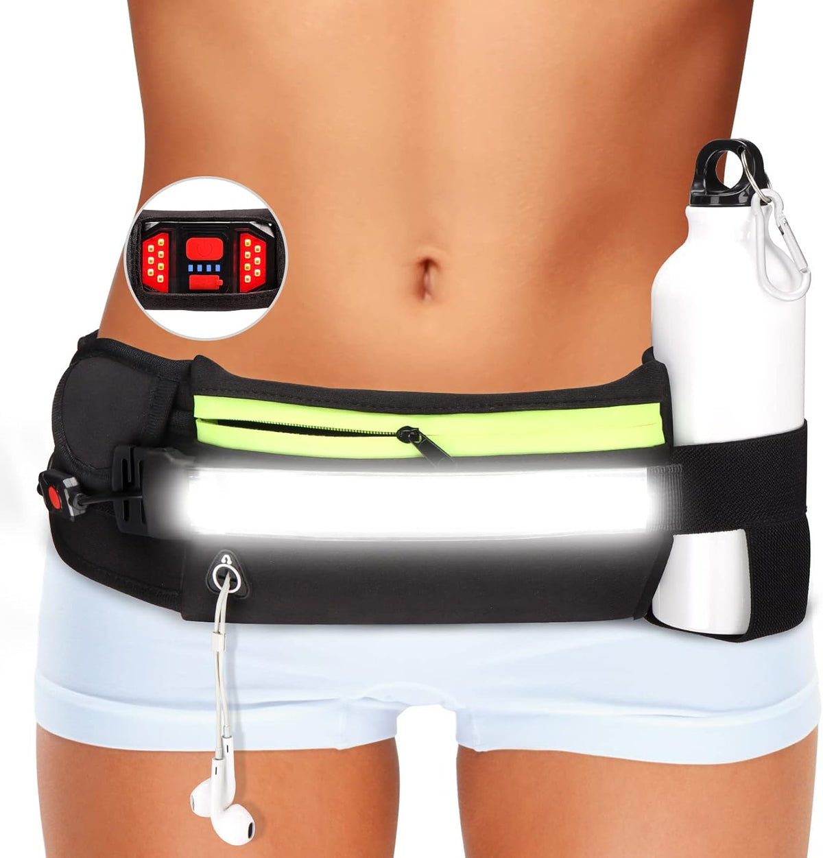 Running Light, 1000Lumens Running Belt Running Gear with 230°Rechargeable Night Running Light for Phone Waist Bag Light with Water Bottle Holder Slim Running Belt for Runners Sports Jogging Walking