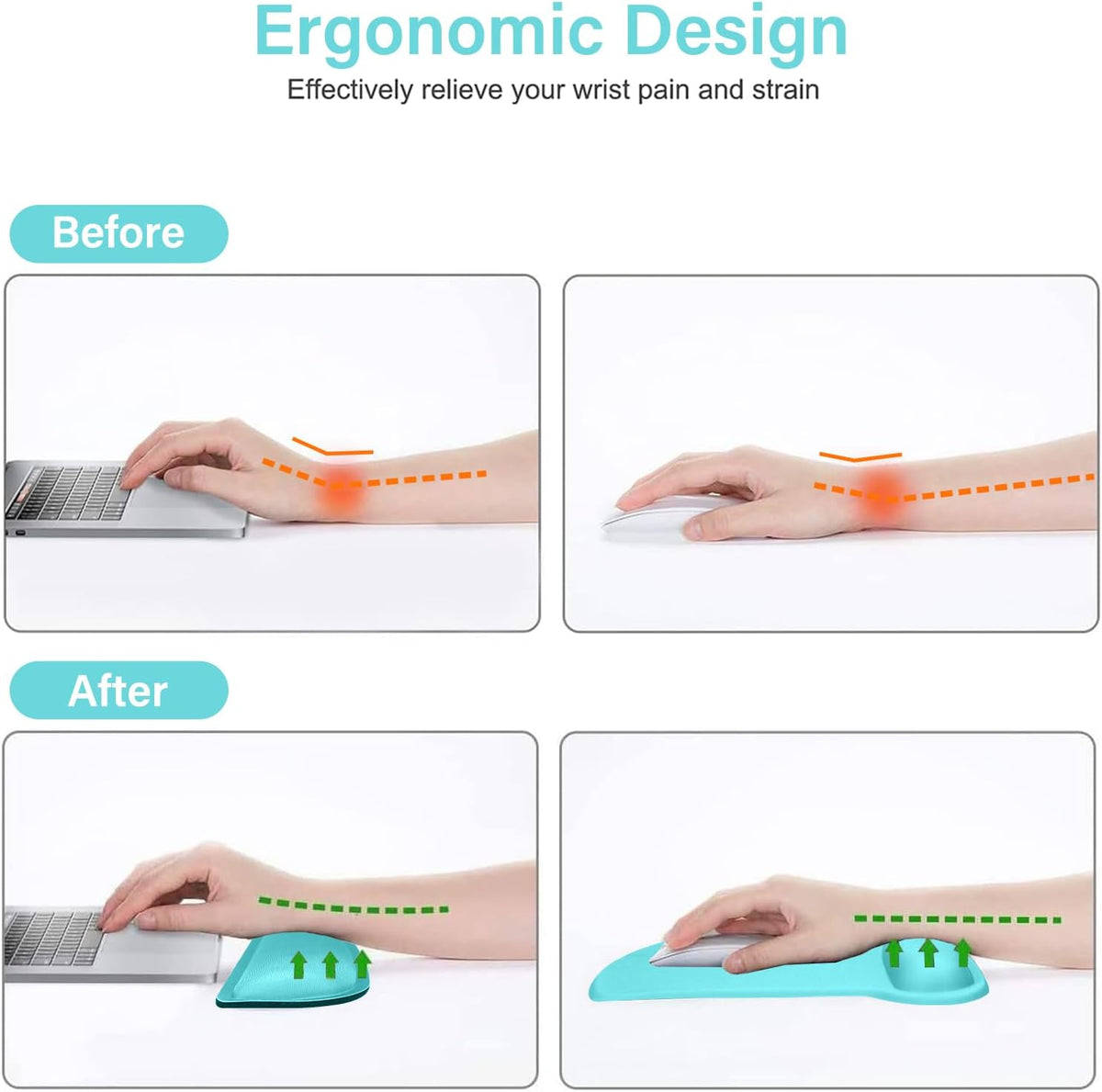MOSISO Wrist Rest Support for Mouse Pad & Keyboard Set, Ergonomic Mousepad Non-Slip Base Home/Office Pain Relief & Easy Typing Cushion with Neoprene Cloth & Raised Memory Foam, Turquoise