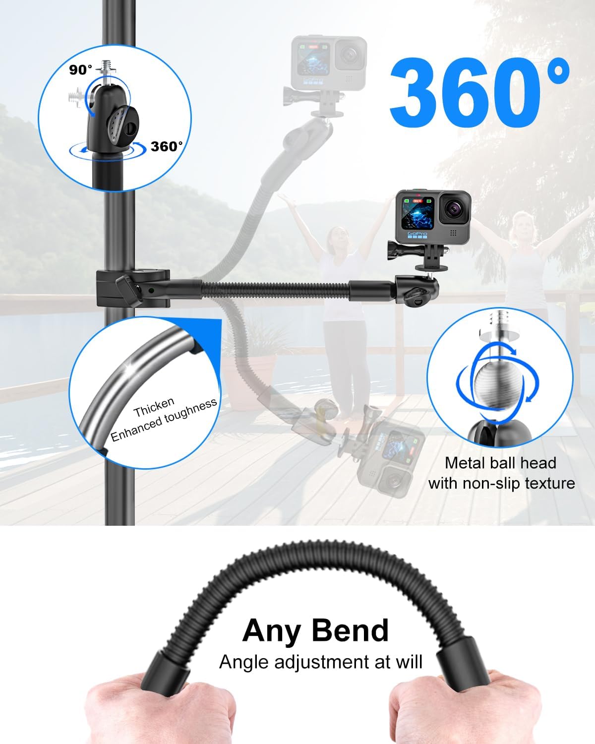 Gooseneck Clamp Camera Mount with 1/4“ 3/8" 5/8" Screw, Go Pro Mounts for Handlebar, Desk, Tube, Cross Bar, Compatible with GoPro Hero 13/Baby Monitor/Logitech Webcam/Insta 360/Field Monitor