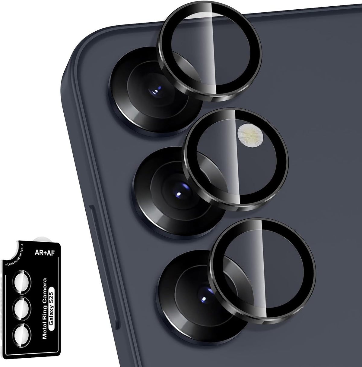 for Samsung Galaxy S25 Camera Lens Protector, Individual Metal Ring Tempered Glass Lens Cover, [Strong Adsorption] Scratch Resistant Ultra-Thin HD Clear Lens Cover, 1 Set-Black Ring