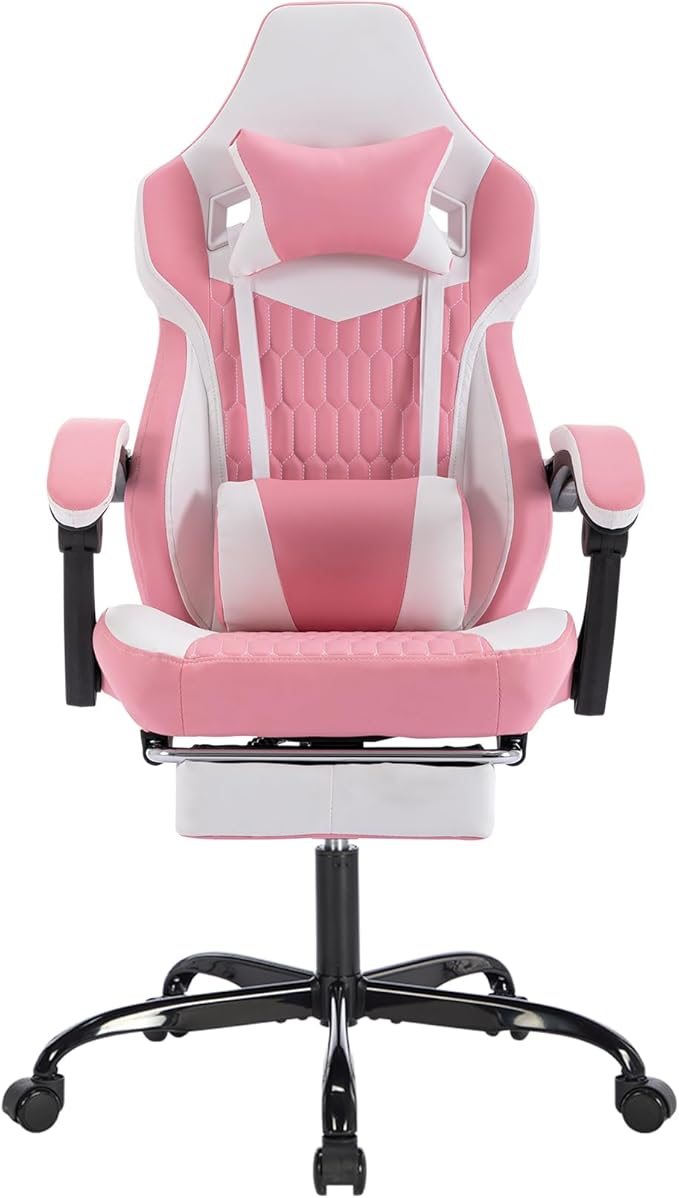 360° Swivel Gaming Chair for Adults with Retractable Footrest Ergonomic Video Game Chair with Headrest and Lumbar Support Height Adjustable Computer Chairs for Office or Gaming Pink