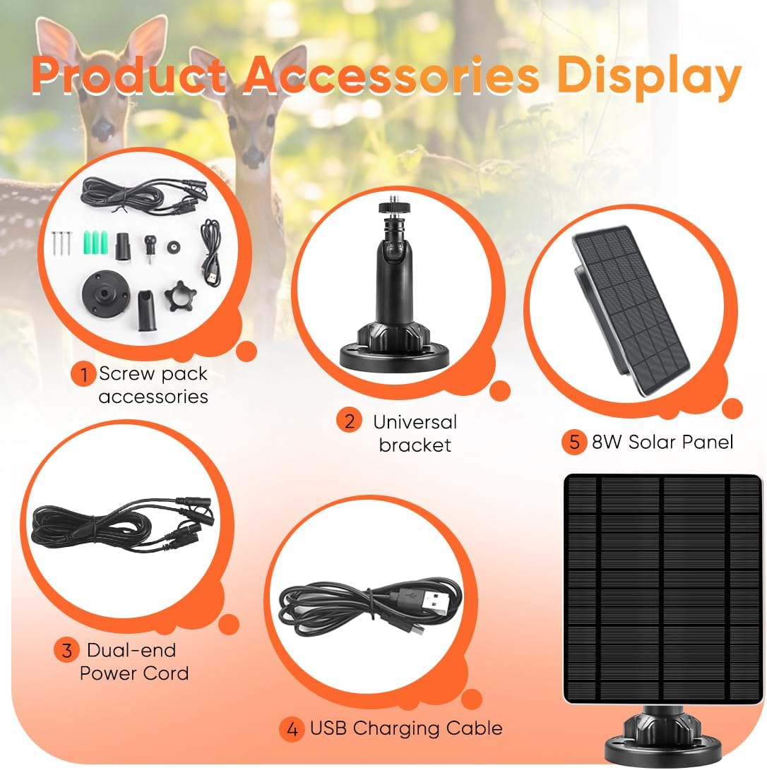 Solar Panel for Trail Camera,6W Solar Kit Build-in 5000mAh Rechargeable Battery, Hunting Accessories for IP66 Waterproof, 5W Solar Power for Trail Camera