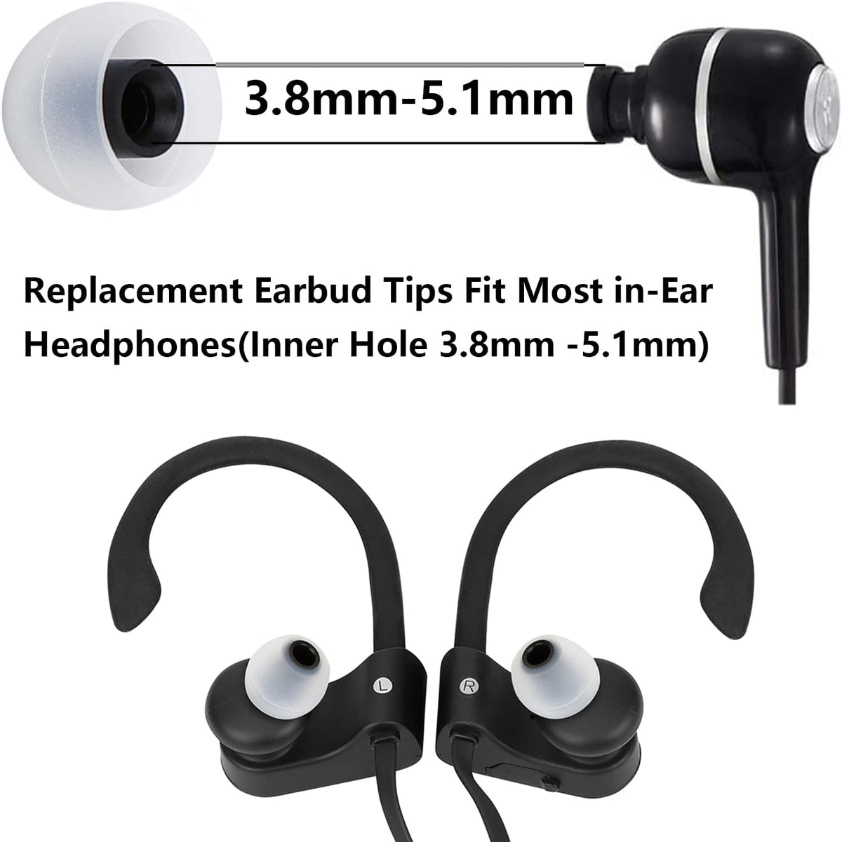 Silicone Replacement Earbud Tips Earbud Covers Fit for in-Ear Headphones (Inner Hole 3.8mm -5.1mm) Earbud Replacement Tips Earbud Rubber Tips 9 Pairs S/M/L, transparent/Black