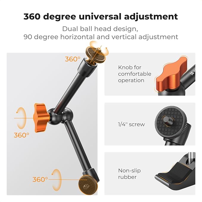 K&F CONCEPT 9.8" Magic Arm, 1/4" Screw Camera Mount Arm 360° Ball Heads