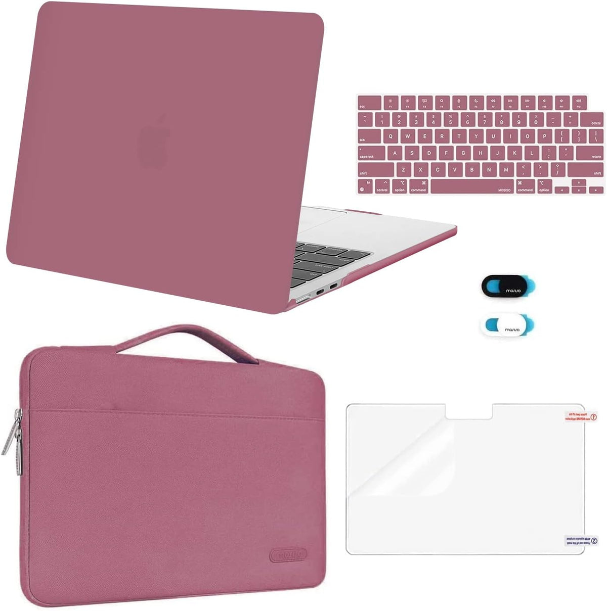 MOSISO Compatible with MacBook Air 13 inch Case 2025 2024 2023 2022 M4 A3240 M3 A3113 M2 A2681, Hard Shell&Sleeve Bag&Keyboard Skin&Webcam Cover&Screen Film for MacBook Air 13.6 inch, Dusty Rose
