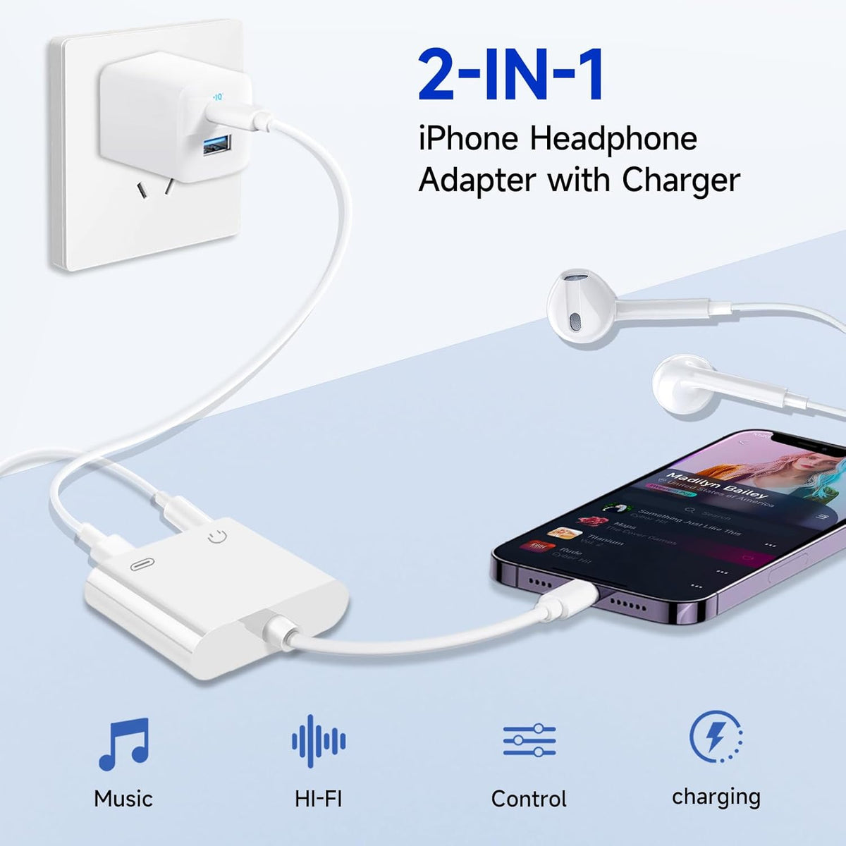 [Apple MFi Certified] 2-in-1 Charging & Audio Adapter for iPhone, Lightning to 3.5mm Headphone Jack Dongle Splitter, Supports Hi-Res Lossless Sound, Compatible with iPhone 14/13/12/11/XS/XR/8/7 3Pack